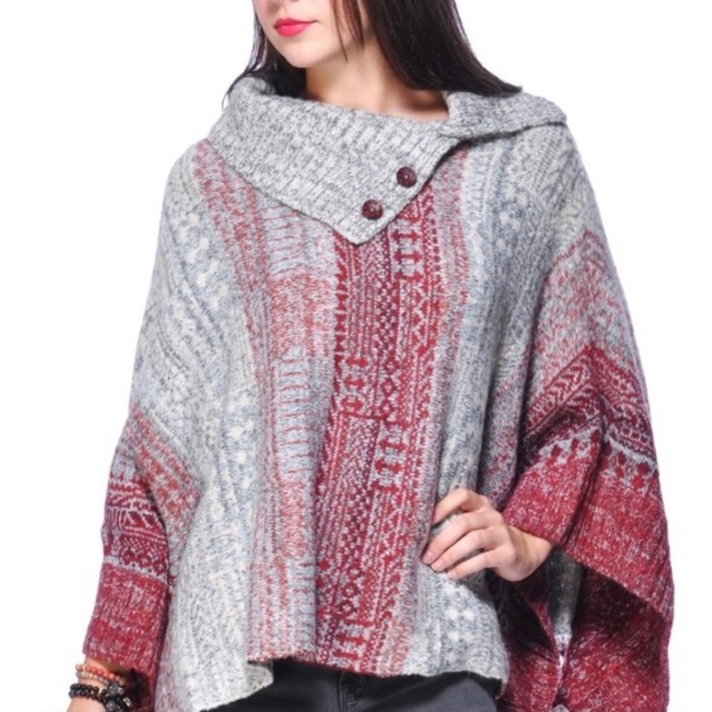 Free People Willow Gray Red Poncho Knit Cowl Neck Sweater